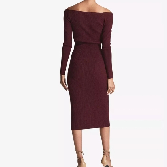 NWT REISS Off-shoulder Rib Knitted Midi Long Sleeve V-neck Burgundy Dress - L - Picture 4 of 12